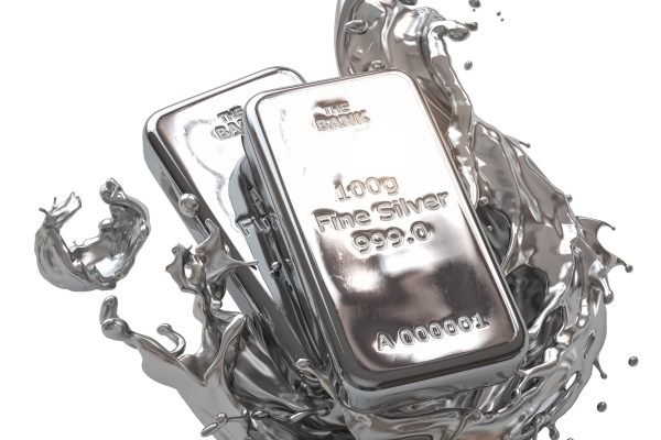 Silver bar or bullion ingot in liquid silver metal splash isolated on white.